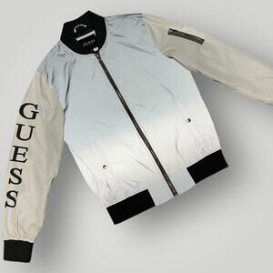 GUESS Los Angeles Reflective Silver Bomber Jacket Men’s Medium Zip Up M06
